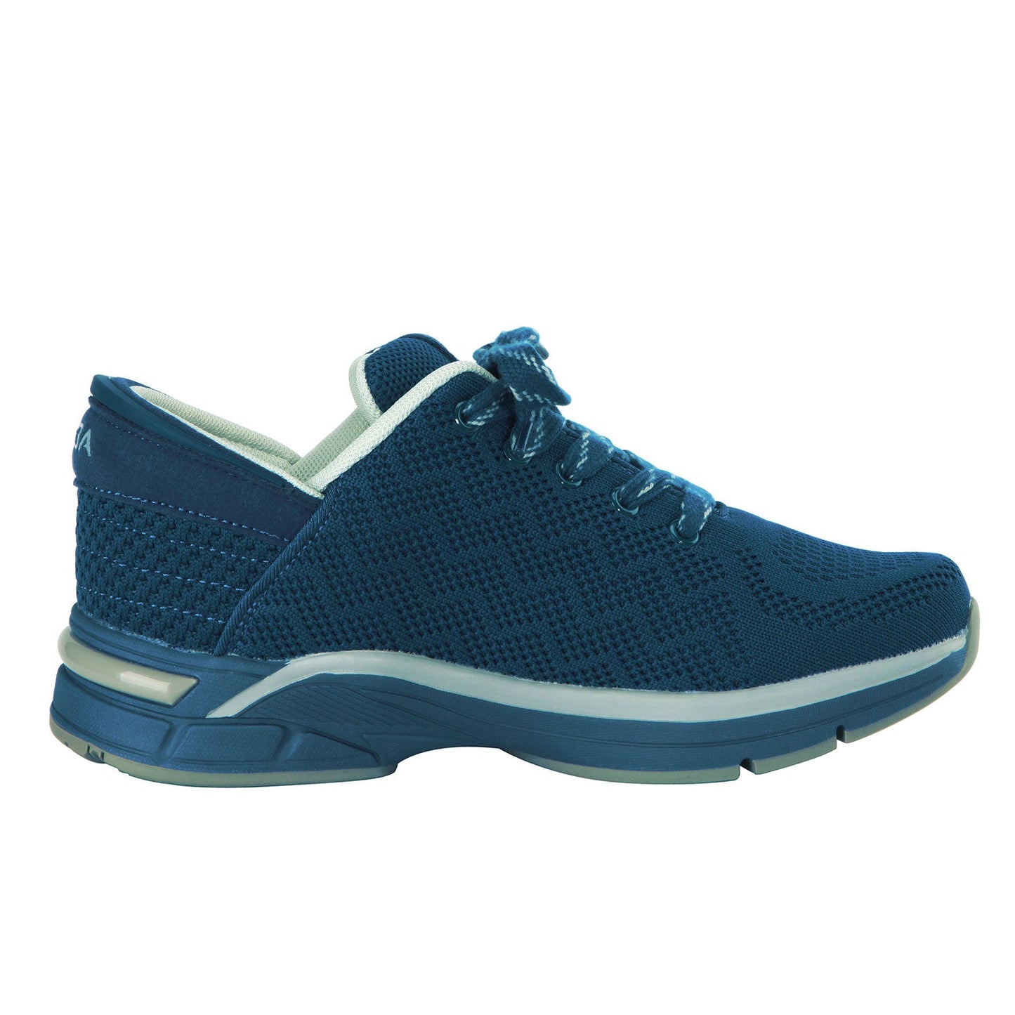 Blue athletic shoe with white sole on a white background