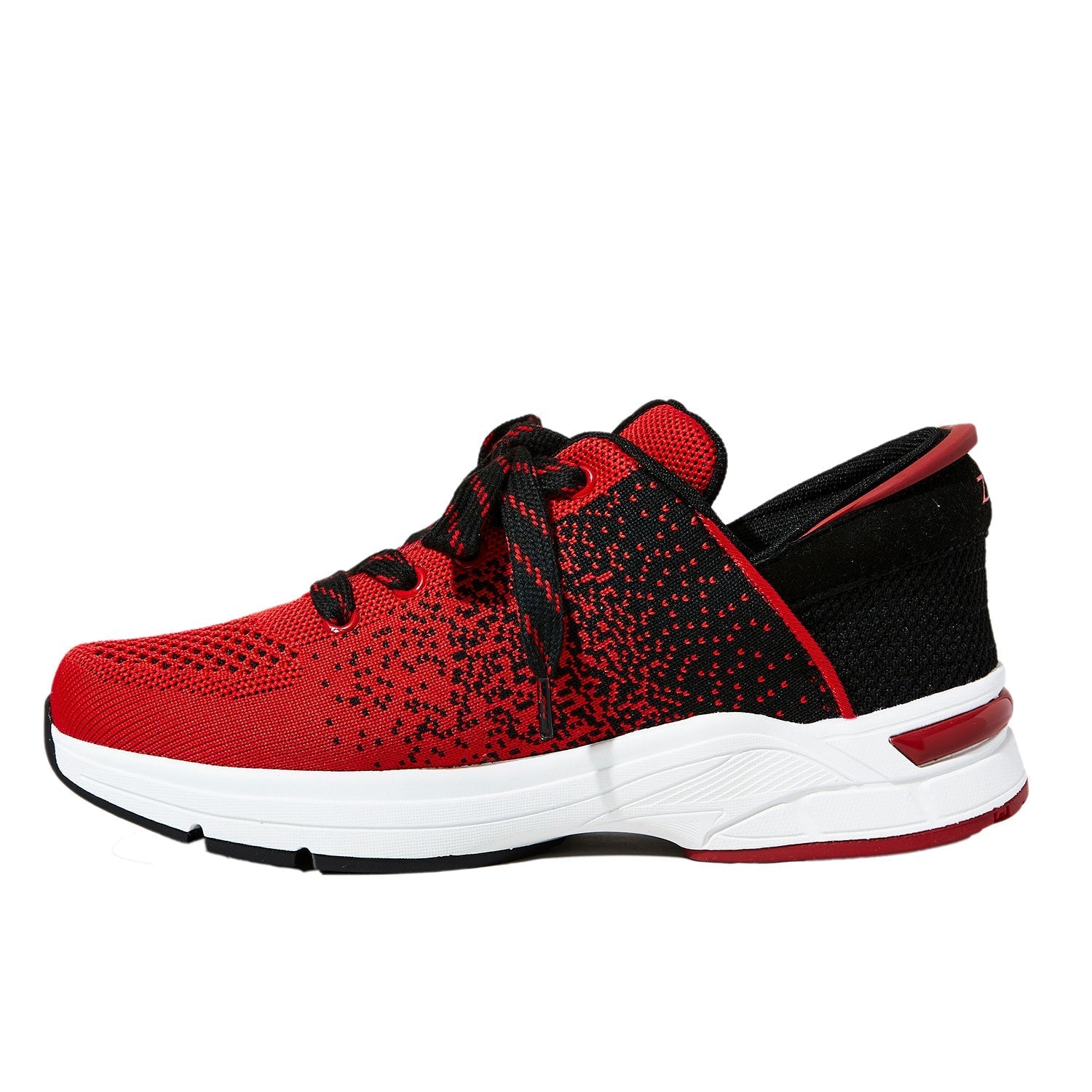 Red and black athletic shoe on a white background