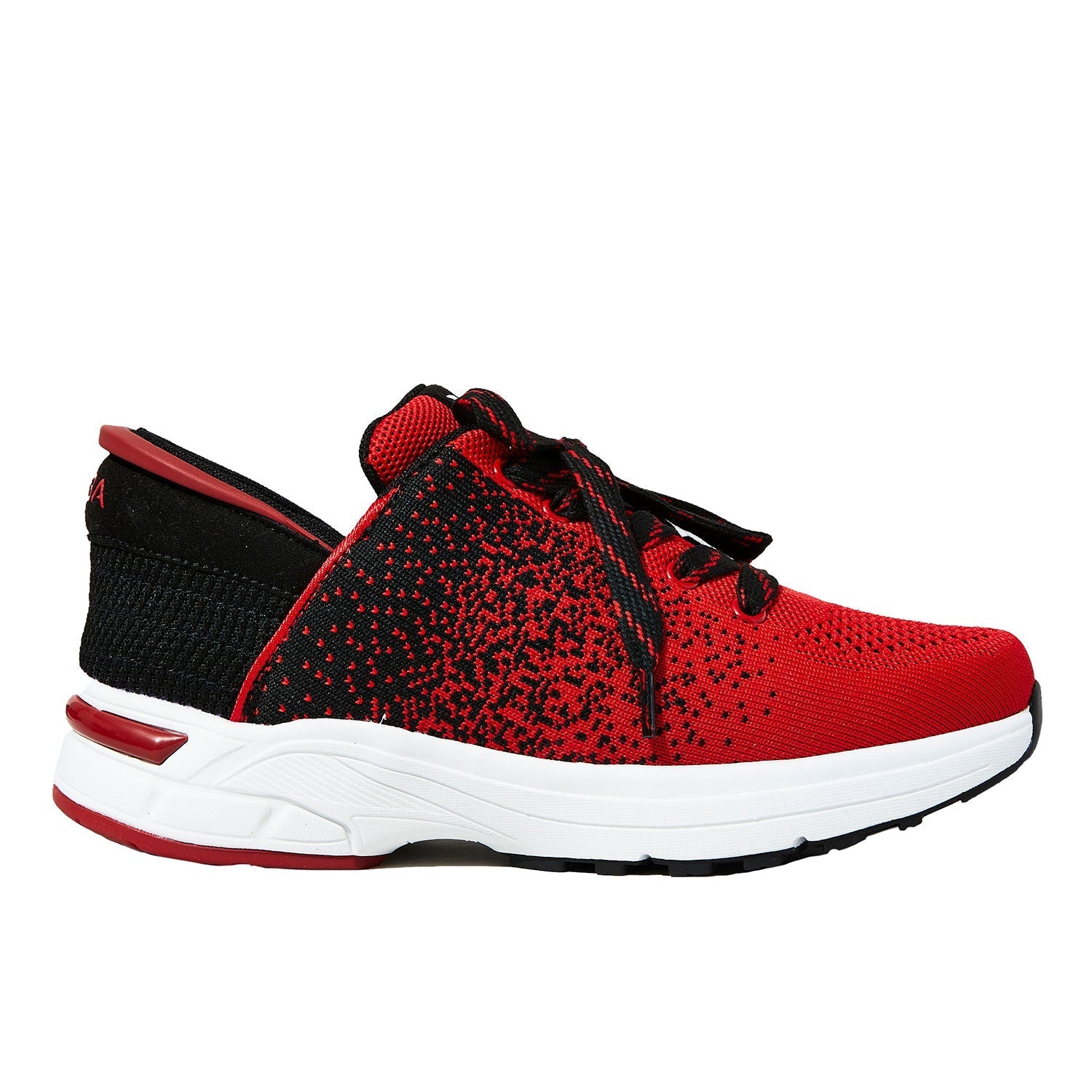 Red and black sneaker with white sole on a white background
