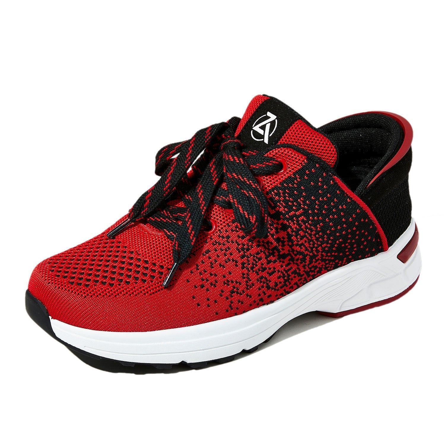 Red and black athletic shoe with a white sole on a white background